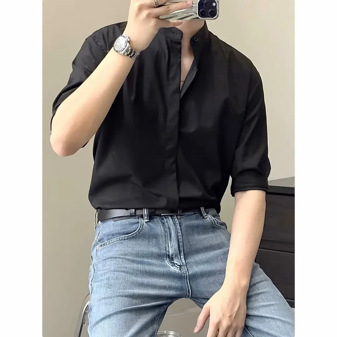 Summer Stand-Collar Ice Silk Shirt – Lightweight, Smooth Fit for Effortless Style and Cool Confidence