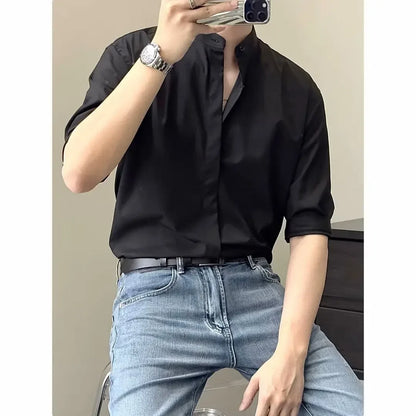 Summer Stand-Collar Ice Silk Shirt – Lightweight, Smooth Fit for Effortless Style and Cool Confidence
