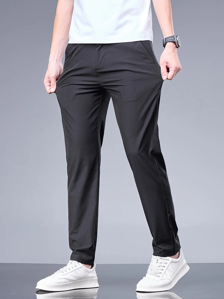 Summer New Business Ice Silk Pants Straight Elastic Waist Black Gray Trousers Breathable Simple Male Clothing Casual Suit Pants - Ellianto fashion Men's