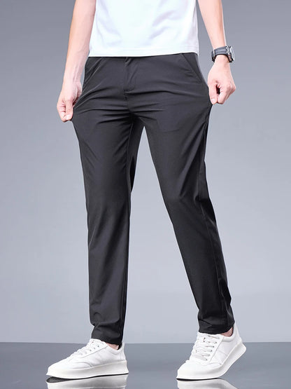 Summer New Business Ice Silk Pants Straight Elastic Waist Black Gray Trousers Breathable Simple Male Clothing Casual Suit Pants - Ellianto fashion Men's