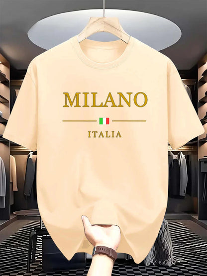 Men's summer 100 cotton fashionable casual loose plus size MILANO ITALIA pattern printed sports round neck short sleeved T-shirt - Ellianto fashion Men's