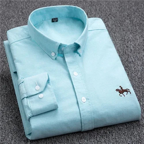Casual Pure Cotton Oxford Mens Shirts Long Sleeve Embroidery Horse Design Regular Fit Fashion Button Man White Dress Shirt - Ellianto fashion Men's