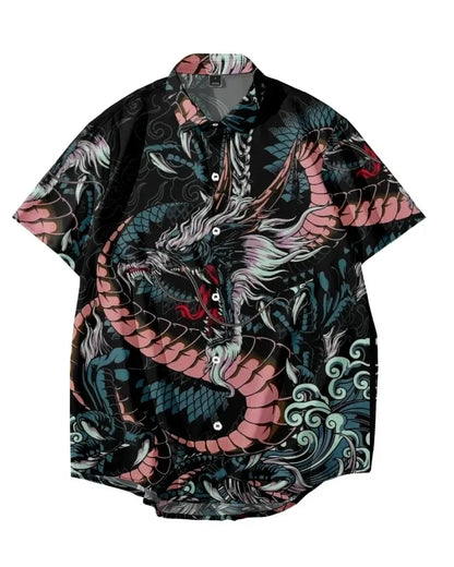 New Year Dragon Hawaiian Casual Men's Short Sleeve Shirt Y2k Vintage Top Breathable Camisas Casuais Blouse Man Clothing Society - Ellianto fashion Men's