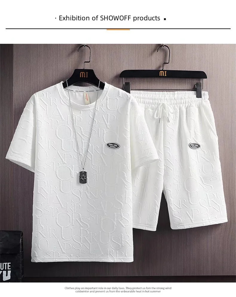 Summer Fashionable Korean Style Men's Short Sleeve Suit Versatile Waist Checked Five-point Shorts T-shirt Set Casual Wear - Ellianto fashion Men's