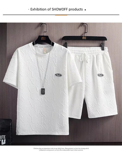 Summer Fashionable Korean Style Men's Short Sleeve Suit Versatile Waist Checked Five-point Shorts T-shirt Set Casual Wear - Ellianto fashion Men's