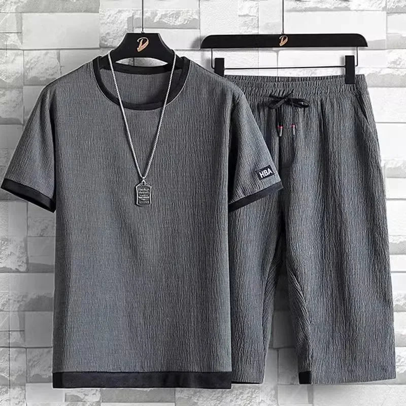 Summer Casual Ice Silk Short Sleeve T-Shirt Shorts Set for Men Fashionable Two-Piece Suit Lightweight Male Clothing Ensemble - Ellianto fashion Men's