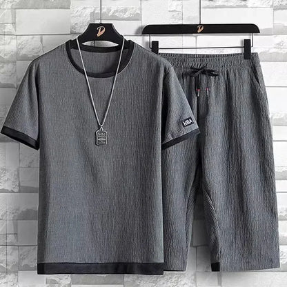 Summer Casual Ice Silk Short Sleeve T-Shirt Shorts Set for Men Fashionable Two-Piece Suit Lightweight Male Clothing Ensemble - Ellianto fashion Men's