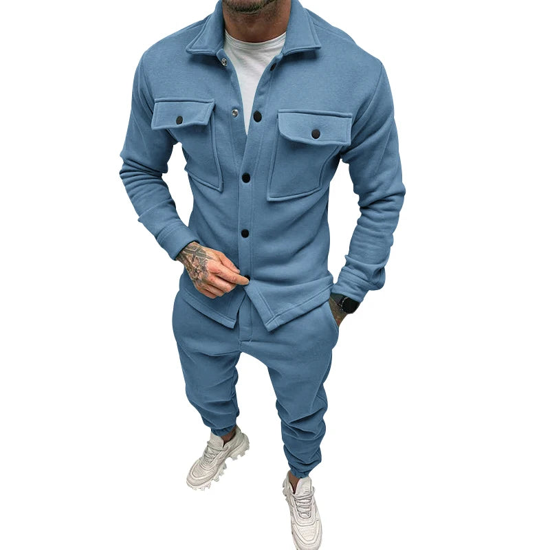 Men's casual overalls jacket and pants suit for fall/winter outdoor vacation American style men's fashion suede 2 piece set - Ellianto fashion Men's