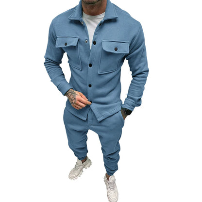 Men's casual overalls jacket and pants suit for fall/winter outdoor vacation American style men's fashion suede 2 piece set - Ellianto fashion Men's