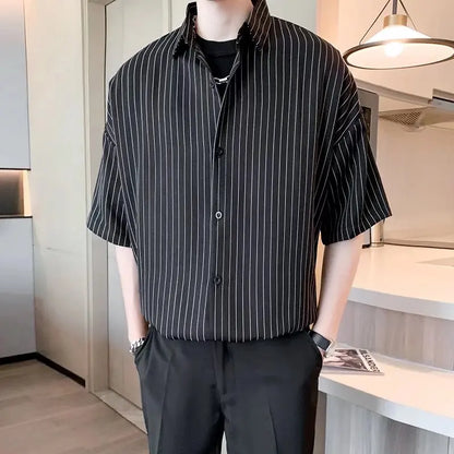 Striped Shirt men Japanese Casual Oversize Trend Black Unisex gothic Short Sleeved Blouses - Ellianto fashion Men's