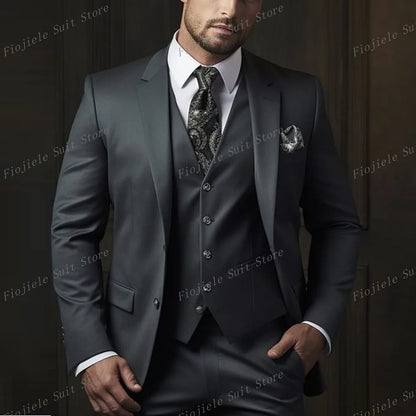 New Beige Business Suit Men Tuxedos Groom Groomsman Prom Wedding Party Formal 3 Piece Set Jacket Vest Pants - Ellianto fashion Men's