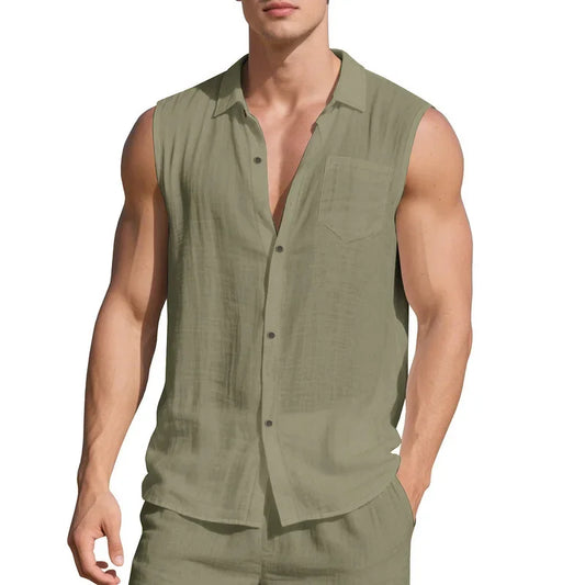 Men’s Summer Linen Sleeveless Open Shirt – Lightweight, Breathable Comfort with Relaxed, Sophisticated Style for the Modern Gentleman