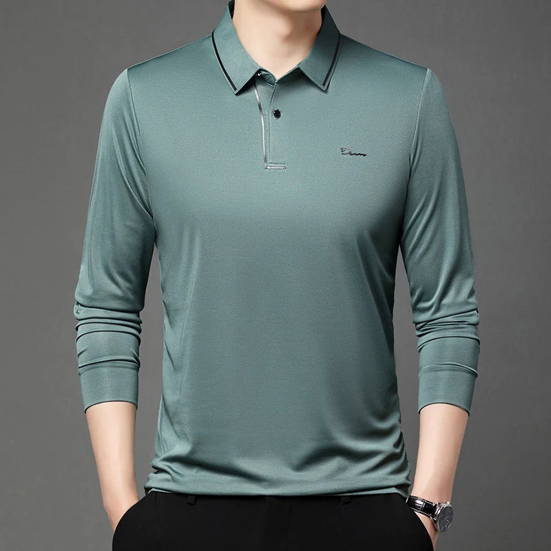 New Men's Business Casual Long Sleeved Shirt with Badge Solid Color Polo Shirt Fashionable Breathable Comfortable Versatile Top - Ellianto fashion Men's