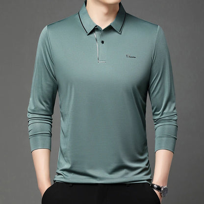 New Men's Business Casual Long Sleeved Shirt with Badge Solid Color Polo Shirt Fashionable Breathable Comfortable Versatile Top - Ellianto fashion Men's