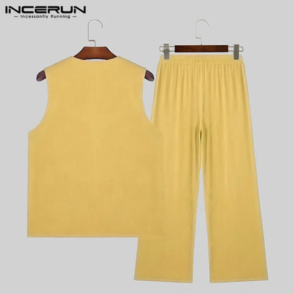 INCERUN Men Sets Solid Color Streetwear O-neck Sleeveless Tank Tops & Pants 2PCS Summer Loose Fashion Men's Casual Suits S-2XL - Ellianto fashion Men's