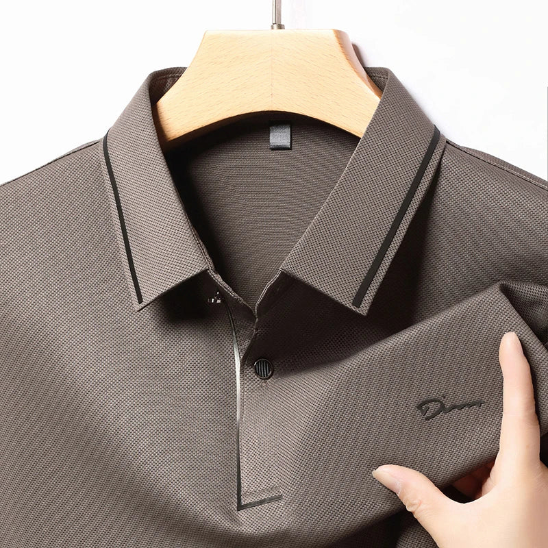 New Men's Business Casual Long Sleeved Shirt with Badge Solid Color Polo Shirt Fashionable Breathable Comfortable Versatile Top - Ellianto fashion Men's