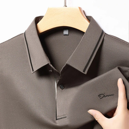 New Men's Business Casual Long Sleeved Shirt with Badge Solid Color Polo Shirt Fashionable Breathable Comfortable Versatile Top - Ellianto fashion Men's