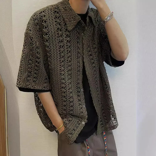 Summer Vintage American-Style Knit Shirt – Breathable, Loose-Fit Comfort and Effortless Military-Green Casual Elegance for the Modern Gentleman