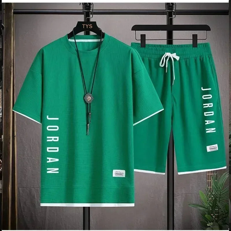 2025 Elegant casual T-shirt and shorts set for men's sports suit loose and comfortable summer waffle set for men - Ellianto fashion Men's