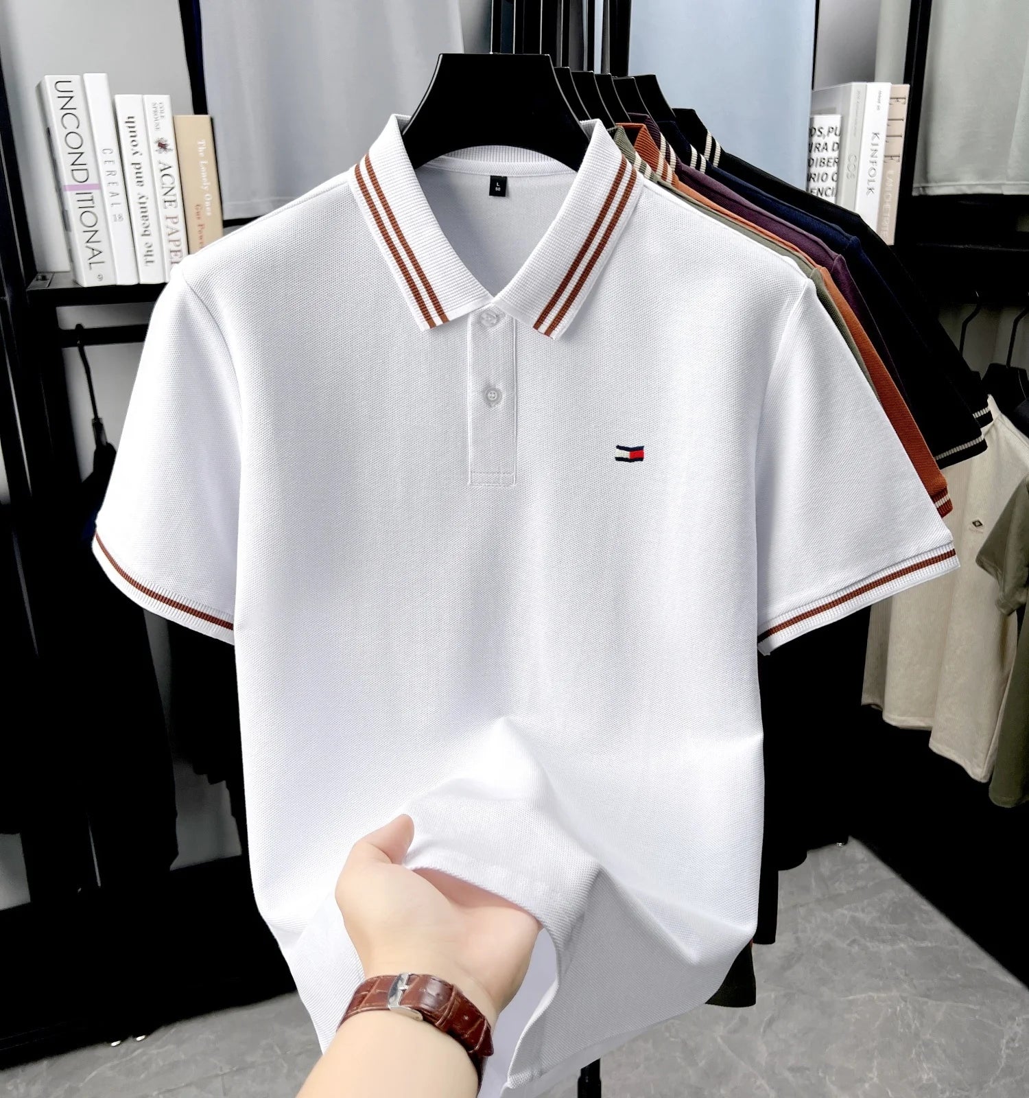 100% pure cotton summer men original embroidered short sleeved fashionable striped lapel shirt polo shirt breathable T-shirt top - Ellianto fashion Men's