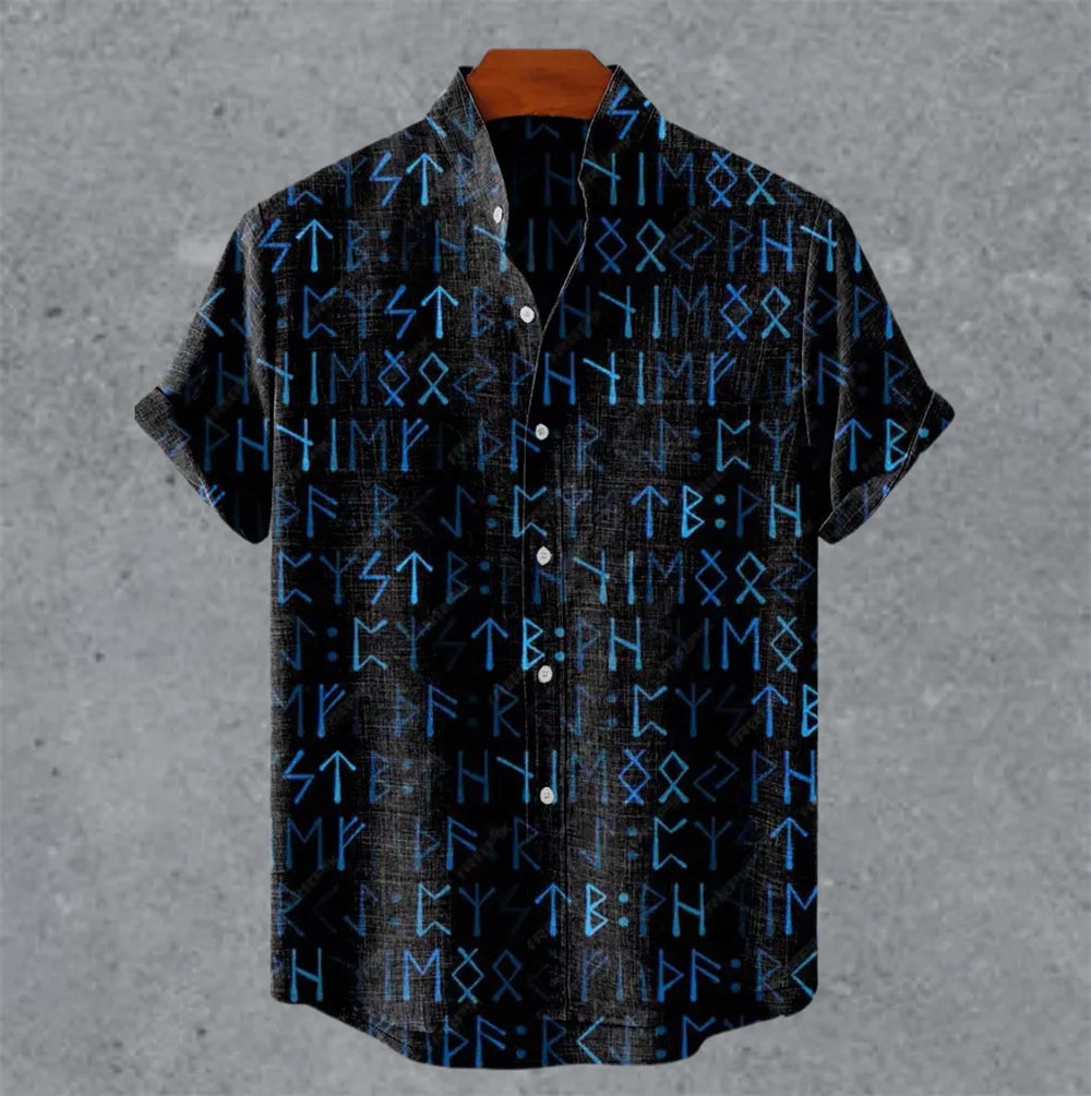 Art retro vintage men's shirt with mottled marks, standing collar printed short sleeved shirt, casual and comfortable top S-5XL - Ellianto fashion Men's