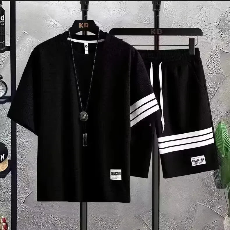 Casual Sportswear Set for Men Summer Trendy Loose Short Sleeve T-Shirt And Handsome Shorts Two Piece Set Comfortable Breathable - Ellianto fashion Men's