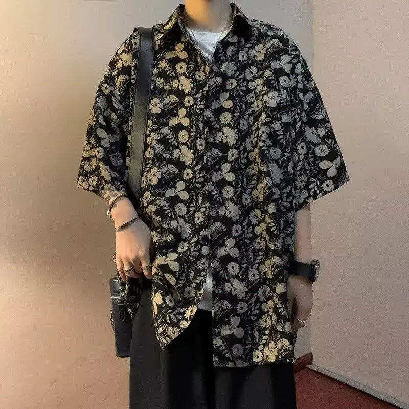SET Floral Short Sleeved Shirt For Men, Summer American Retro Hawaiian Shirt, Travel Outfit, Hong Kong Style Jacket - Ellianto fashion Men's