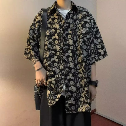 SET Floral Short Sleeved Shirt For Men, Summer American Retro Hawaiian Shirt, Travel Outfit, Hong Kong Style Jacket - Ellianto fashion Men's