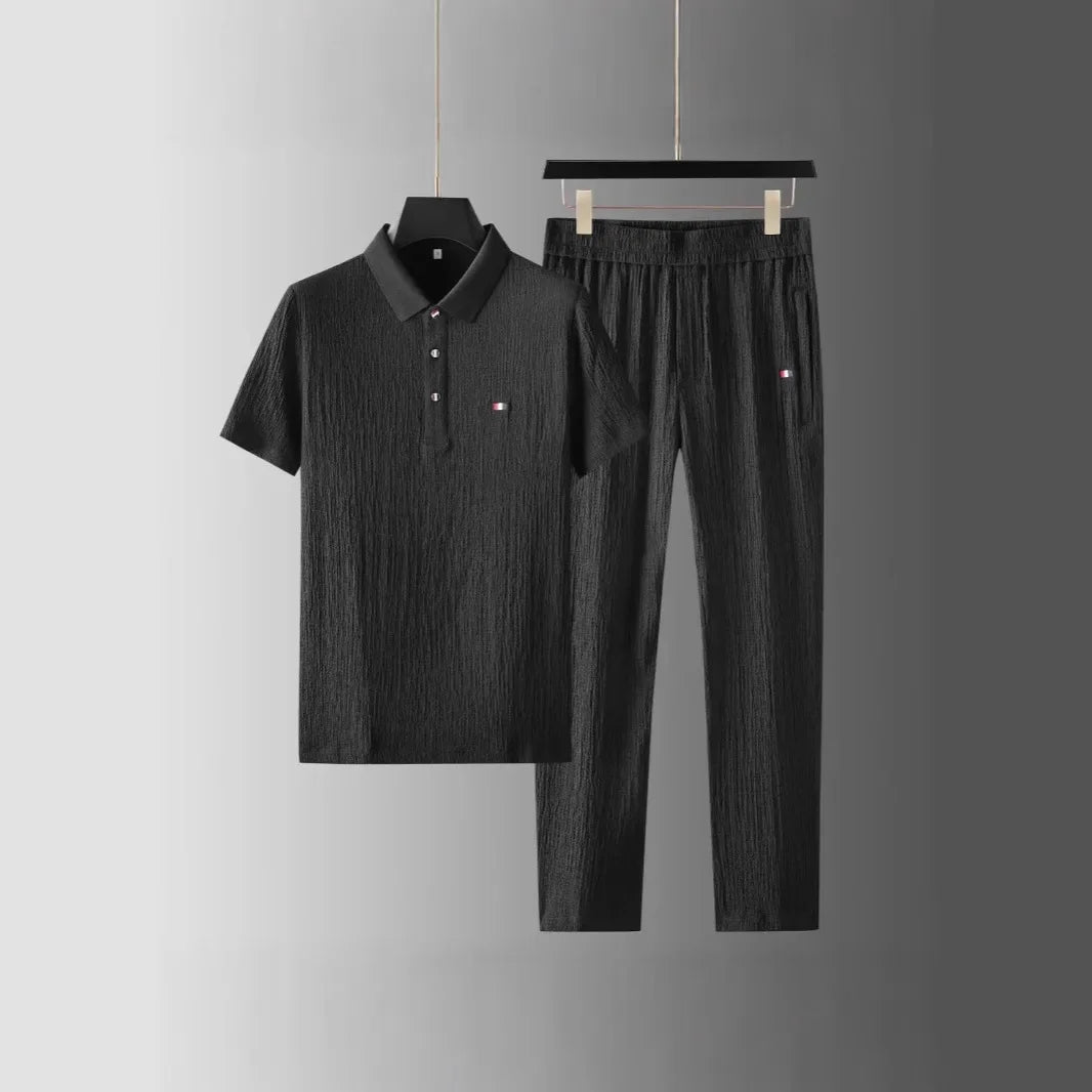 Summer Men's Casual Thin Polo Collar Two-Piece Suit Set Fashionable Flip Collar Male Clothing Full Set Integrated Ensemble - Ellianto fashion Men's