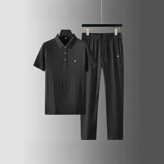 Summer Men's Casual Thin Polo Collar Two-Piece Suit Set Fashionable Flip Collar Male Clothing Full Set Integrated Ensemble - Ellianto fashion Men's