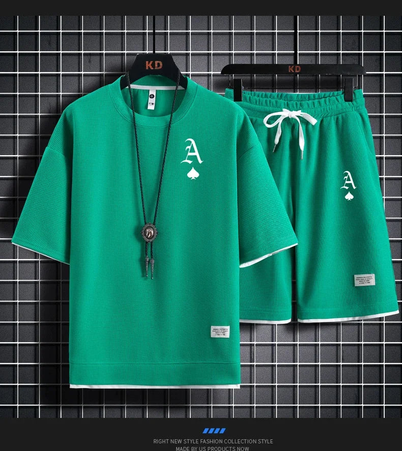 Set A stylish and casual men's sportswear set of short-sleeved T-shirt and summer sportswear shorts, a two-piece set for daily casua - Ellianto fashion Men's