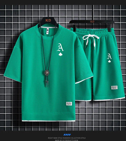 Set A stylish and casual men's sportswear set of short-sleeved T-shirt and summer sportswear shorts, a two-piece set for daily casua - Ellianto fashion Men's