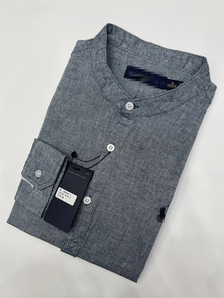 Spring Autumn Men's Linen Cotton Color Simple Embroidery Label Slim Long Sve irt Busin Casual Stand Collar irt - Ellianto fashion Men's