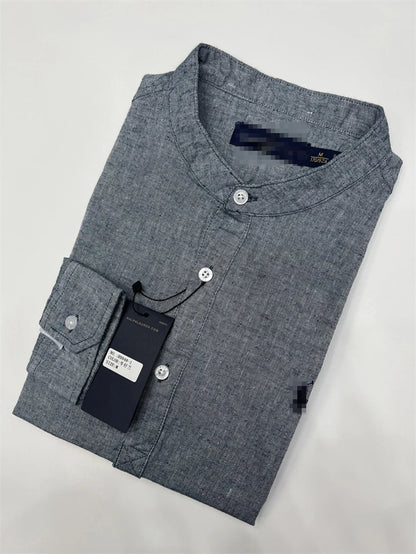 Spring Autumn Men's Linen Cotton Color Simple Embroidery Label Slim Long Sve irt Busin Casual Stand Collar irt - Ellianto fashion Men's