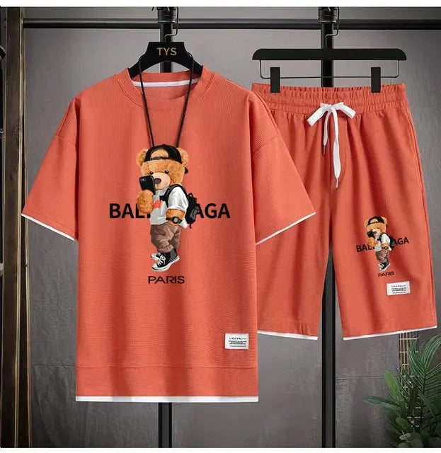 Set The 2025 new summer men's suit jacket short-sleeved oversized T-shirt + outdoor men's jogging casual shorts 2-piece set is sport - Ellianto fashion Men's