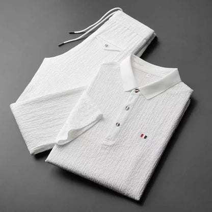 Summer Men's Casual Thin Collar Two-Piece Suit Full Set Fashionable Lightweight Breathable Comfortable Male Clothing Ensemble - Ellianto fashion Men's