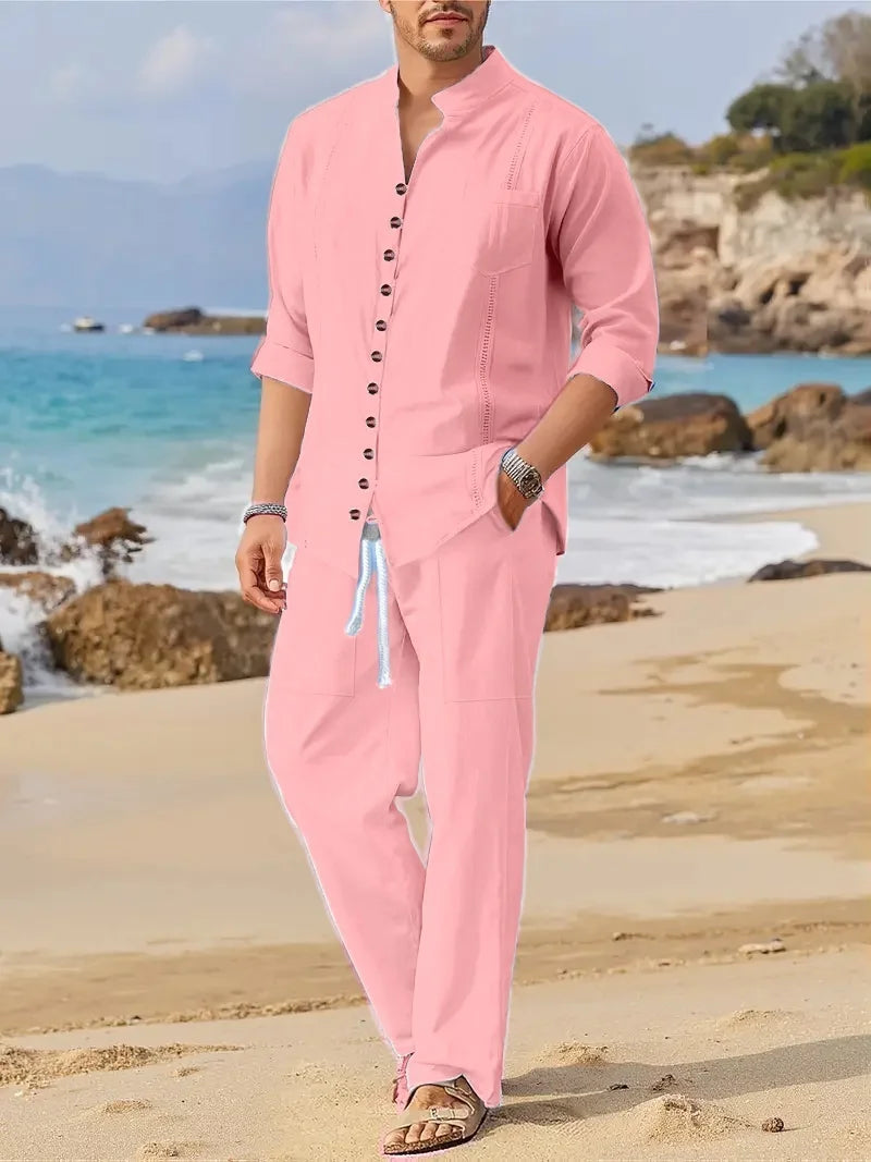 Men's Fashionable Cotton Linen Shirt Set with Cuban Pocket Long Sleeve Casual Two-Piece Suit Spring Autumn 100% Natural Fiber - Ellianto fashion Men's