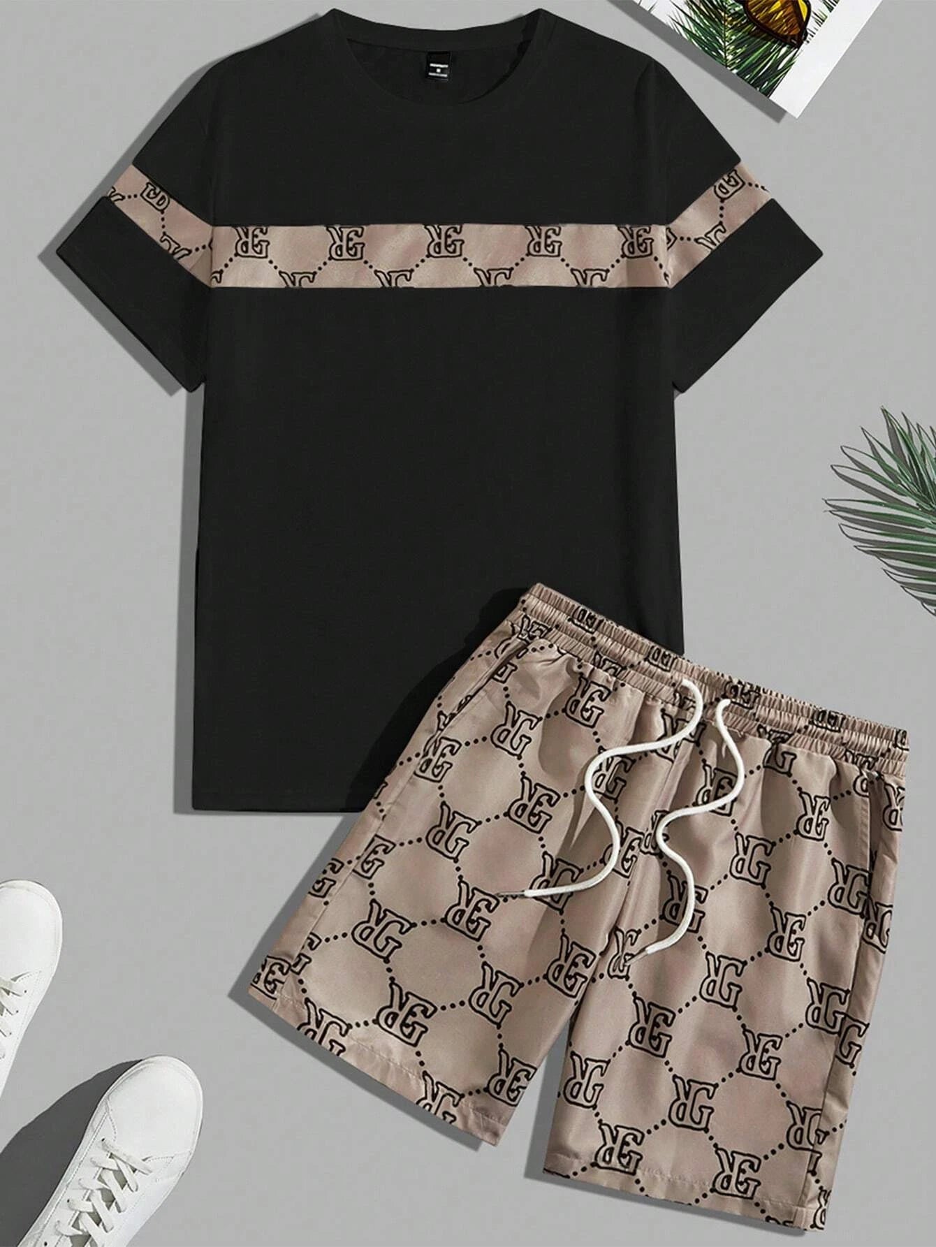 Set Men's Suit Retro Fashion Letters Printed Round Neck T-shirt Shorts Suit Comfortable And Breathable Men's Two-piece Suit - Ellianto fashion Men's