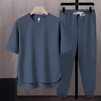 Pure Color Men's T-Shirt Set Short Sleeve Summer Trendy Two-Piece Suit Casual Comfortable Breathable Male Model Clothing - Ellianto fashion Men's