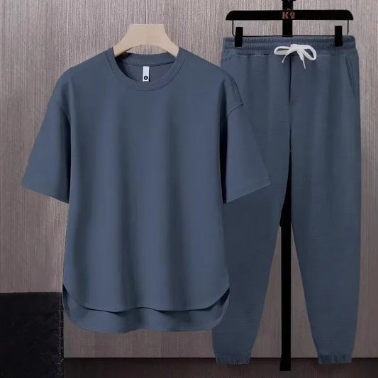 Pure Color Men's T-Shirt Set Short Sleeve Summer Trendy Two-Piece Suit Casual Comfortable Breathable Male Model Clothing - Ellianto fashion Men's