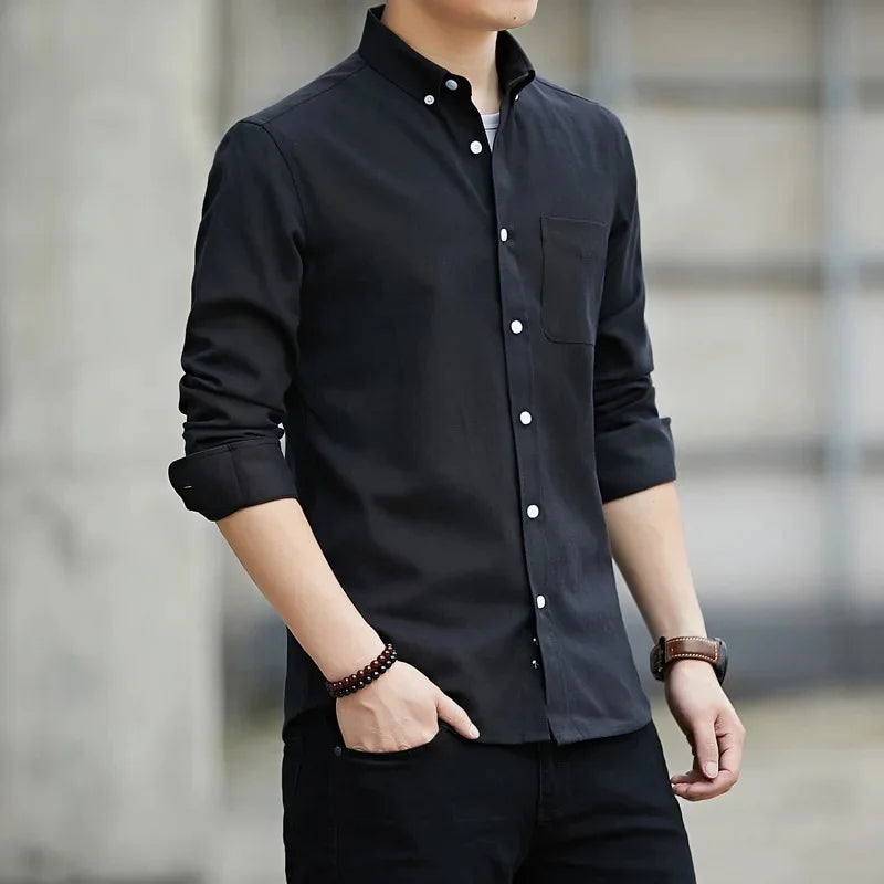 New Hot Sale Of The Season Men's Long Sleeve Oxford Cloth Casual Shirt Slim Fit Korean Style Shirt Comfortable Breathable Spring - Ellianto fashion Men's