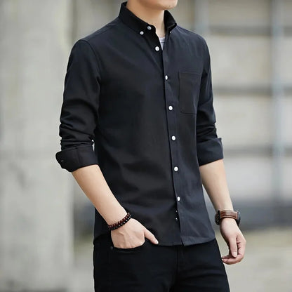 New Hot Sale Of The Season Men's Long Sleeve Oxford Cloth Casual Shirt Slim Fit Korean Style Shirt Comfortable Breathable Spring - Ellianto fashion Men's