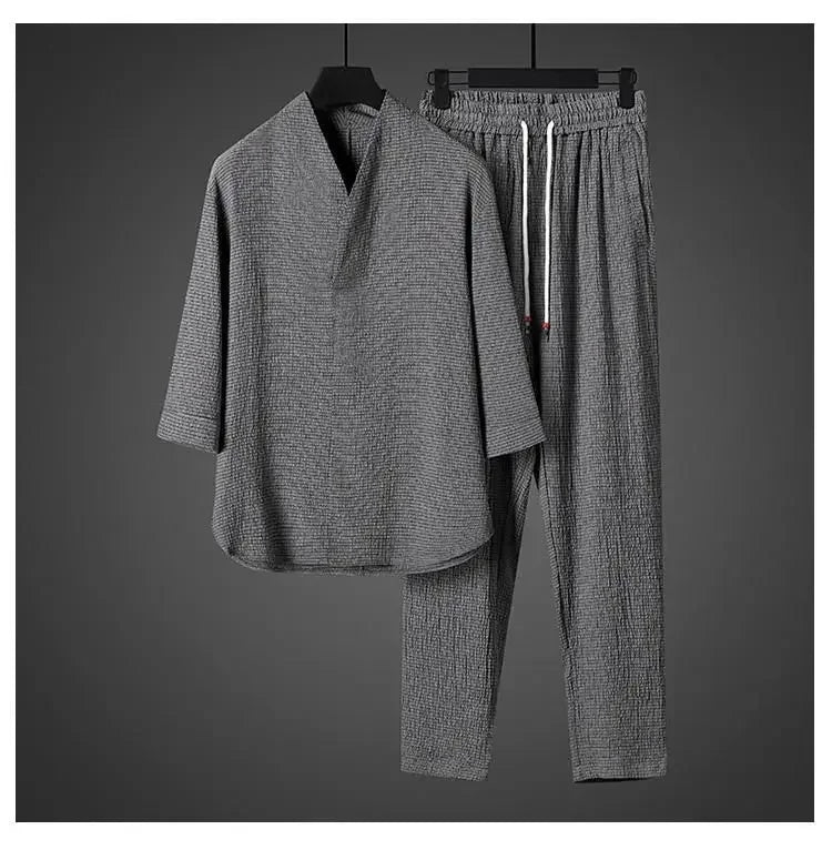 Ice Silk Loose Fit Short Sleeve Men's T-Shirt Set Chinese Style Summer Lightweight Big Size Tang Suit Two Piece Set - Ellianto fashion Men's