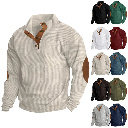 Spring-Autumn Stand-Collar Sweatshirt – Comfortable Patchwork Corduroy and Effortless Casual Style for the Modern Gentleman