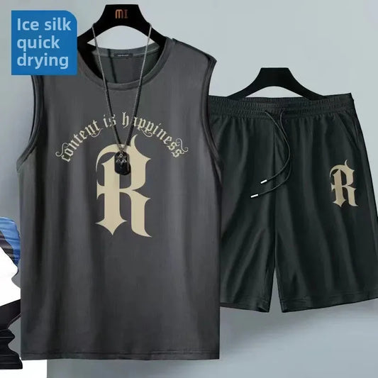 Ice Silk Men's Sports Set Quick Dry Basketball Uniform Summer Vest Shorts Gym Running One Piece Thin Male Fitness Outfit - Ellianto fashion Men's