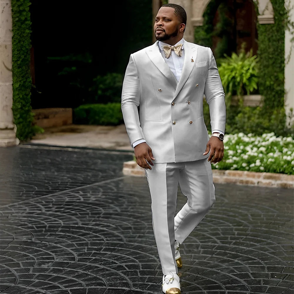 White Satin Men's Suit 2 Piece Peaked Collar Blazer Double Breasted Jacket Wedding Groom Tuxedo Elegant Men's CustomizationXS-5X - Ellianto fashion Men's