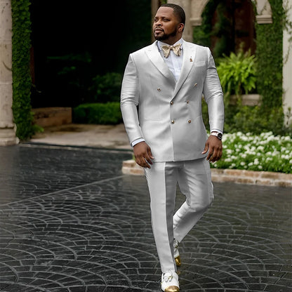 White Satin Men's Suit 2 Piece Peaked Collar Blazer Double Breasted Jacket Wedding Groom Tuxedo Elegant Men's CustomizationXS-5X - Ellianto fashion Men's