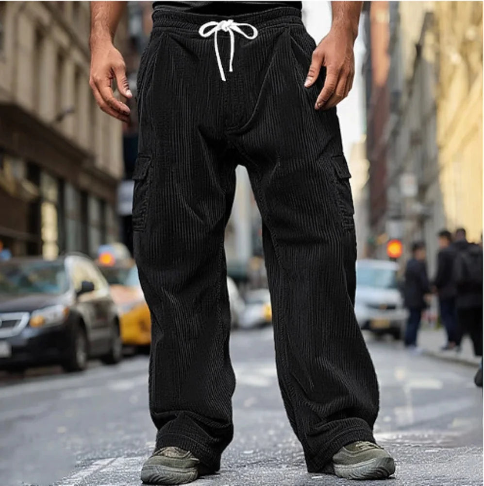 Autumn Casual Corduroy Pants Men's Long Pants Solid Color Drawstring Casual Breathable Wide-leg Multi-pocket Straight Pants - Ellianto fashion Men's