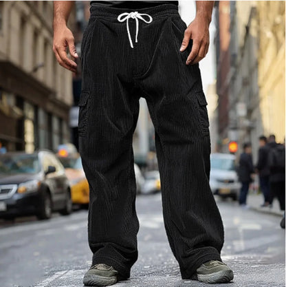 Autumn Casual Corduroy Pants Men's Long Pants Solid Color Drawstring Casual Breathable Wide-leg Multi-pocket Straight Pants - Ellianto fashion Men's
