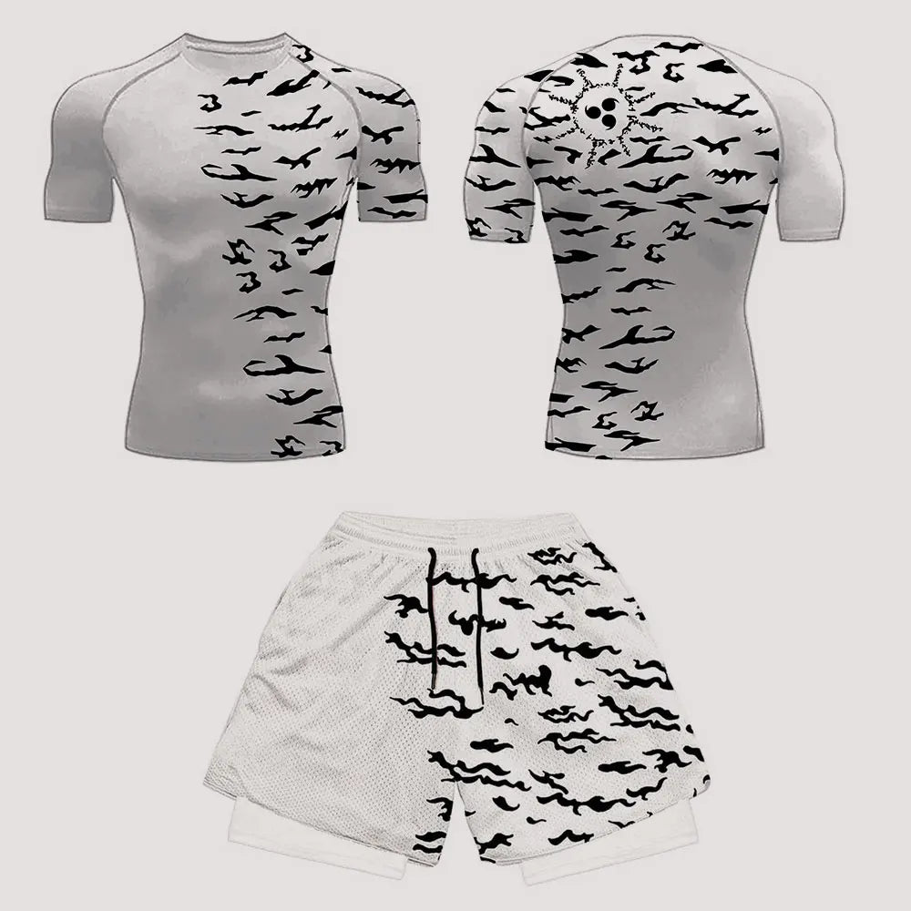 Men’s Anime Print Tracksuit – 2-Piece Breathable Sports Set with T-Shirt, Shorts & Joggers